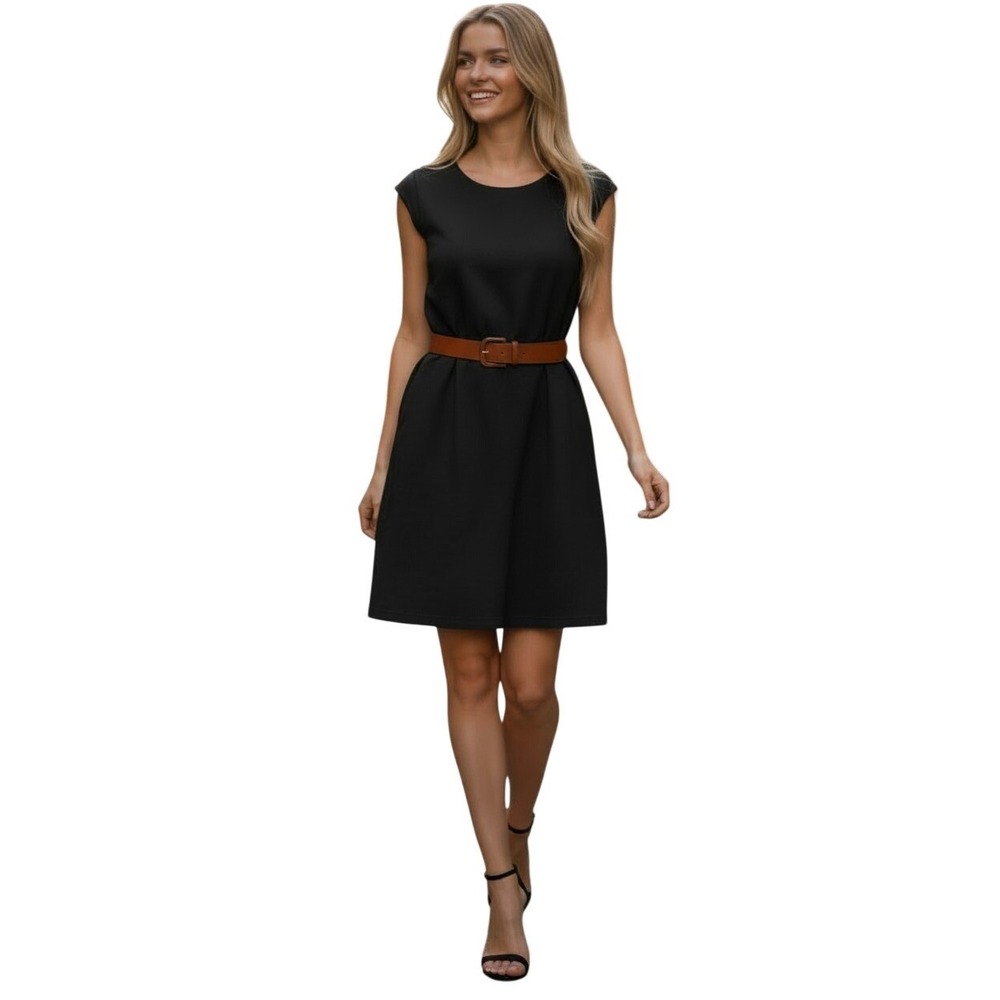 PIAZZA SEMPIONE Italy Black Stretch Sheath Dress Cap Sleeve Tailored S NWOT $895
